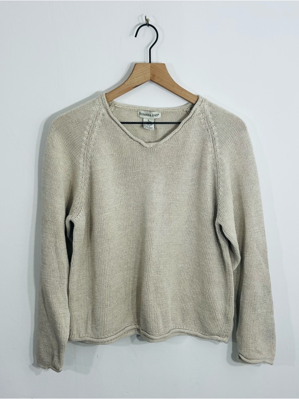 Richard Jones Linen Cotton Mix Knit Pullover V Neck Beige Sweater Boho Chic Sz L